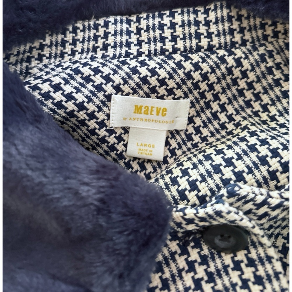 EUC Anthropologie Maeve Tweed Blue Faux Fur-Collar Herringbone Jacket Large - Picture 3 of 10
